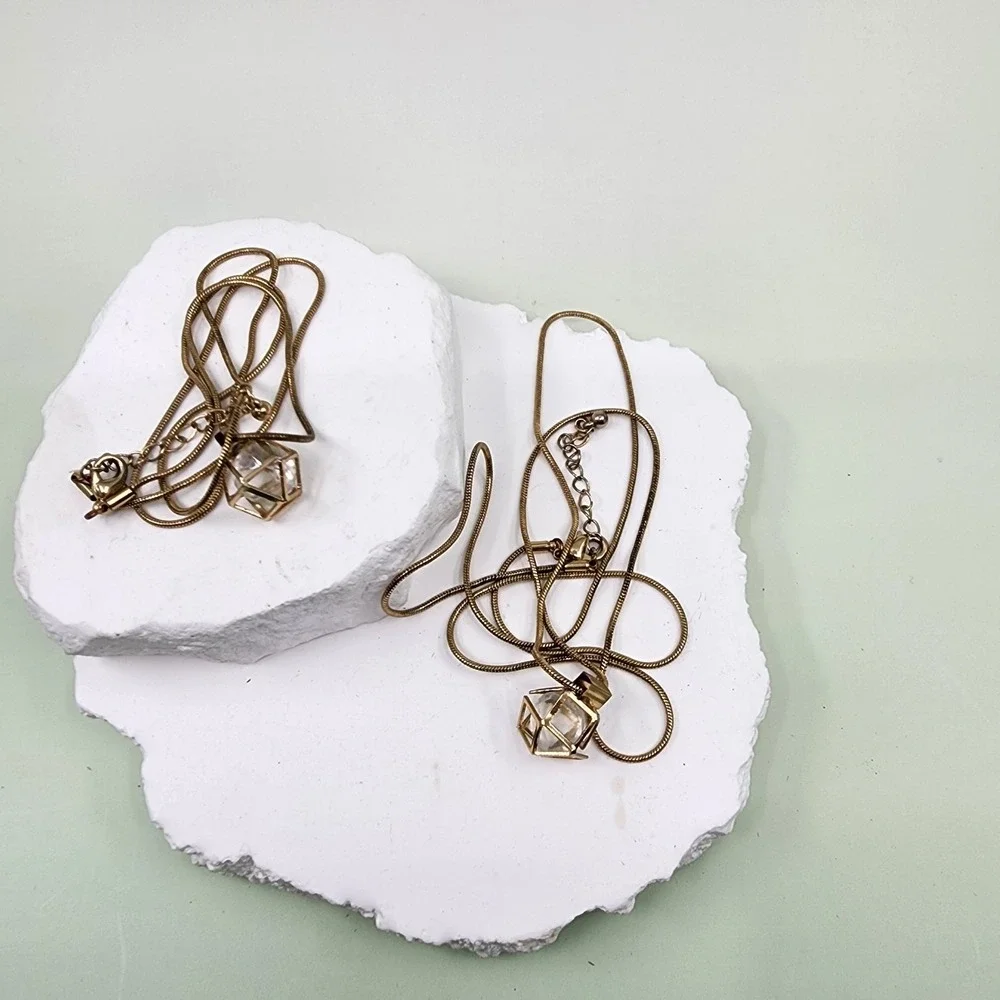 Gold Tone Layered Necklace Set 2 Clear Faceted Geometric Cage Pendants Gift
